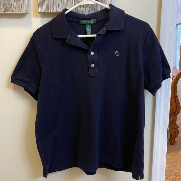 Lauren by Ralph Lauren navy blue shirt with silver buttons, embroidered RLL logo - Picture 1 of 6
